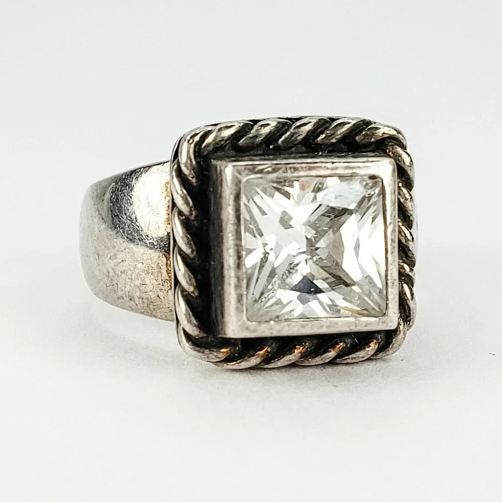Vintage Ring Sterling Silver 925 Size 5 Square Faceted CZ Rope Border 925 7.8g